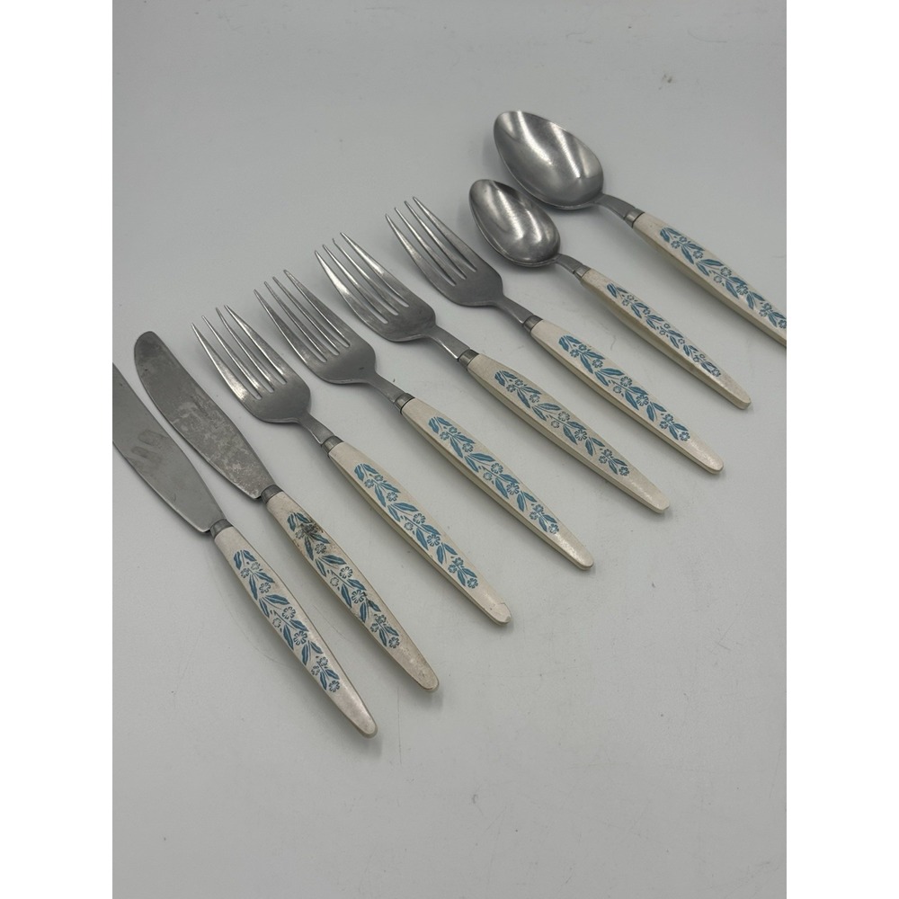 Vtg Lot Of 8 Robinson Stainless USA Plastic Handle‎ Blue Floral Flatware Lot